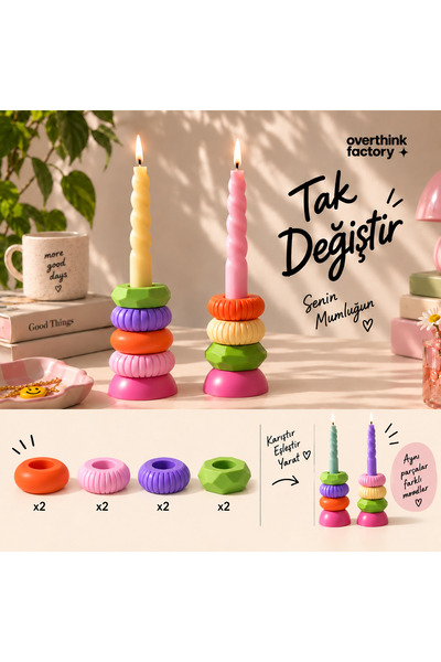 Modüler Renkli 2'li Şamdan Seti – 3D Üretim Dekoratif Mumluk, 2'li & 8 Parçalı