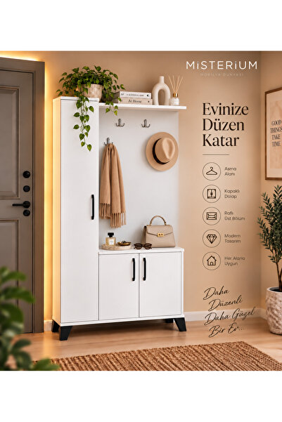 Misterium Loft Soft Portmanto ve Askılıklı Vestiyer Takımı - Beyaz