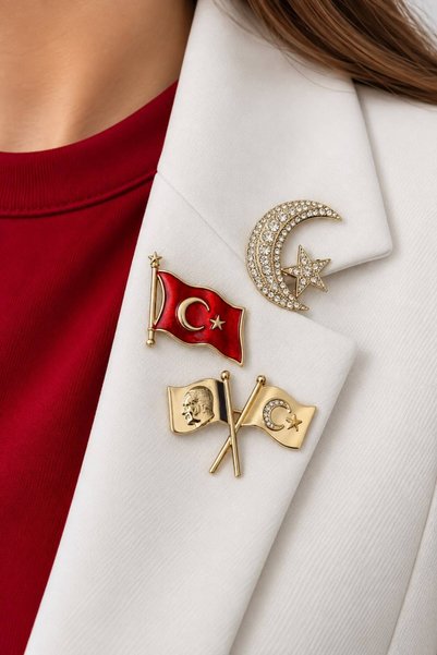 minelesarp Atatürk Simgeli Türk Bayraklı Ay Yıldızlı Broş Setleri 2li 3 lü Çe...