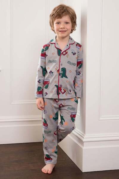 Fulla Moda Trex Patterned Buttoned Boys' 2-Piece Pajama Set