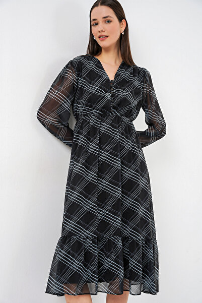 Modamorfo 2137 Patterned Chiffon Dress - F.Grey