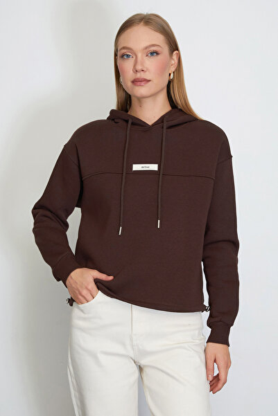 Fulla Moda 3 İplik Active Baskılı Kapüşonlu Stoperli Oversize Sweatshirt