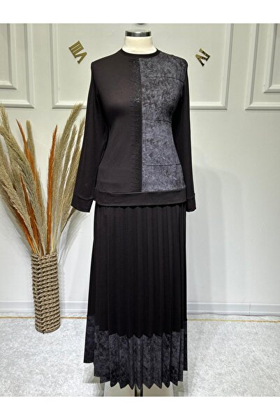 ModaMinar Women's Combed Fabric Stone Detailed Pleated Skirt Blouse Set