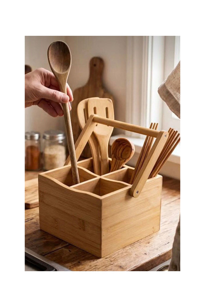 bunelo Bambu 4 Bölmeli Organizer - Tutacaklı Ahşap Kaşıklık Standı - Tezgah Ü...