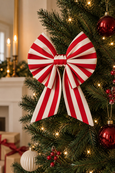 Beige & Stone Striped Patterned Small Size Fabric Christmas Bow 35X40 cm Christmas New Year Pine Tree Door Wall Decorative Ornament