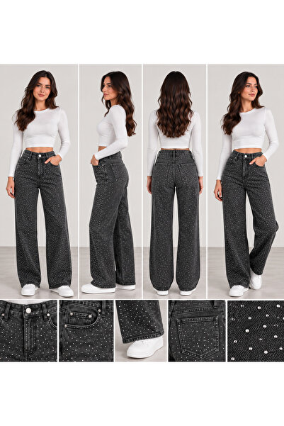 sira butik Taşlı Kesik Paça Antrasit Wide Leg Jean Pantolon