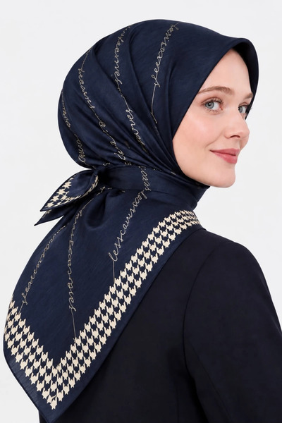 Lesscarves Ls2210 Patterned Cotton Silk Scarf 90X90 cm 10-Navy Blue-White