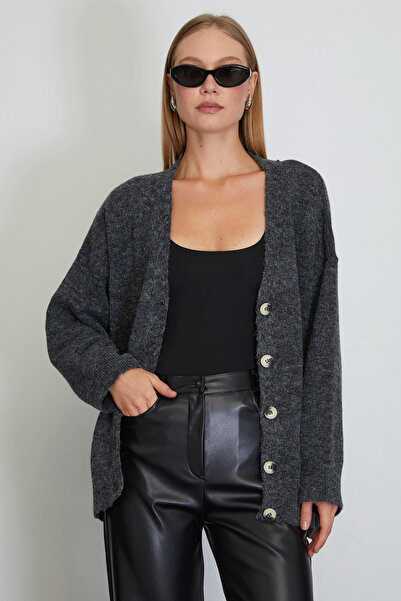 Fulla Moda Düğmeli V Yaka Oversize Triko Hırka