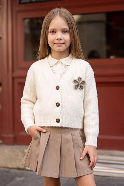 Fulla Moda Floral Embroidered Stoned V-Neck Girls' Knitwear Cardigan