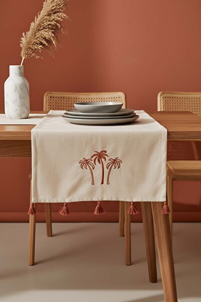 Rivaİstanbul Palm Tree Embroidered Buldan Fabric Runner 50X130 cm