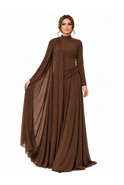 Lovely Dress Kadın Tesettür Abiye Elbise 6070 İnci Taş Detaylı Şık Uzun Elbis...