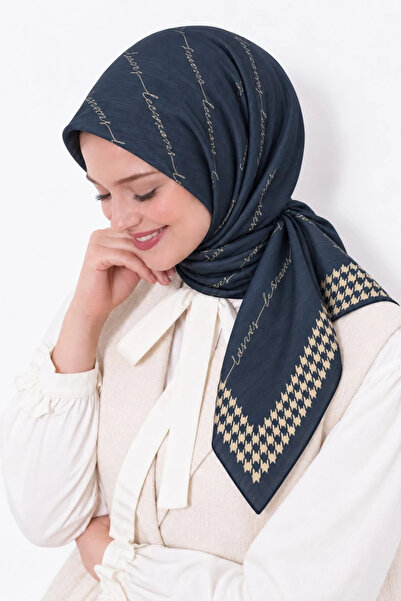 Lesscarves LS2210 Desenli Pamuk İpek Eşarp 90x90 cm 04-Lacivert-Krem