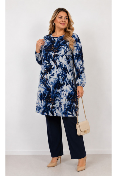 Butik Ayseba Women's Patterned Plus Size Viscose Cotton Tunic with Elastic Sleeves
