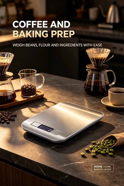 Alnoor Global Store ميزان إلكتروني مدمج للمطبخ والمنزل | خفيف الوزن بمقاس 14×18 سم، سطح ستانلس ستيل، دقة عالية للجرامات
