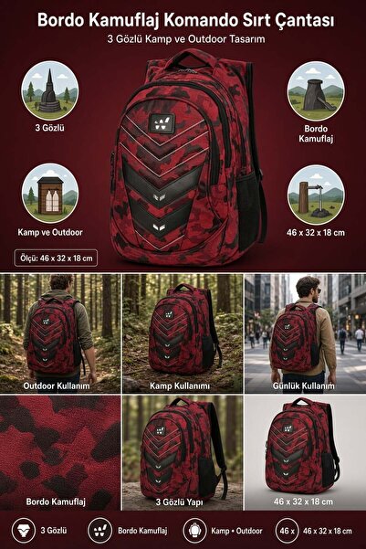 DODOMAR Commando Backpack Burgundy Camouflage 3 Compartments Camping and Outd...