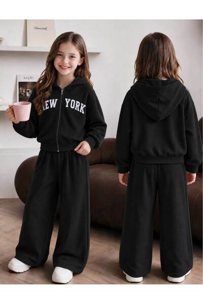 trendyears Kız Çocuk Siyah New York Baskılı Fermuarlı Sweatshirt-Siyah Bol Paça Eşofman Altı Takım