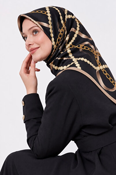 Lesscarves LS2208 Desenli Pamuk İpek Eşarp 90x90 cm 07-Siyah-Bej-Gold