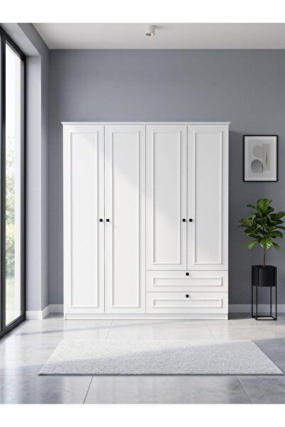 İNDEPPO STYLE 4 KAPKAKLI 2 ÇEKMECELİ GAEDIROP (140 CM - BEYAZ)