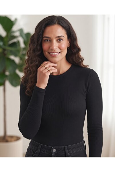 Barato Plus Size Twill Long Sleeve Round Neck Black Women's Blouse