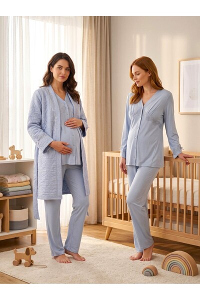 Lohusa Homewear طقم بيجامة للحوامل من نيو سيزون هافاير باللون الأزرق مبطن للش...
