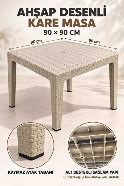 Mandella 90x90 Ahşap Desenli Tabla, Rattan Görünümlü Tasarım 90x90 Elit Ratta...