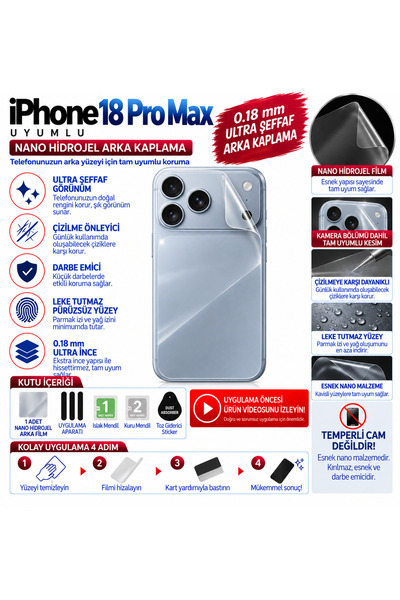 Biemtek İphone 18 Pro Max Uyumlu 0.18 mm Ultra Şeffaf Nano Hidrojel Darbe Emi...