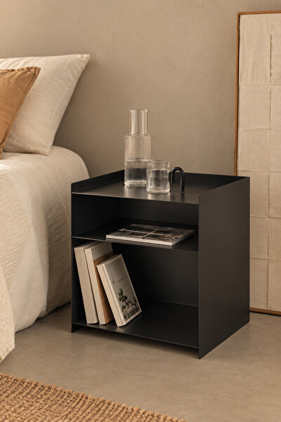 MavenHause Mat Siyah Metal Komodin – Modern Minimalist 2 Raflı Yan Sehpa