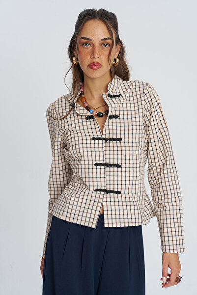 Orfeo Negro Women's Judge Collar Chinese Button Plaid Shirt