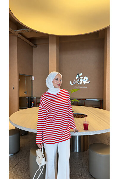 SS Design Kırmızı Çizgili Oversize Uzun Kollu Sweatshirt