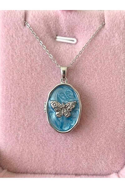 Heda Jewelry قلادة على شكل فراشة زرقاء - قلادة تذكارية من الفولاذ قابلة للفتح...