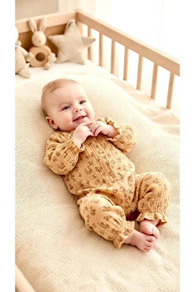 Sinem Çeyiz Ncxs 241223 Cinnamon Color Crispy Floral Muslin Jumpsuit'0-3 Months'