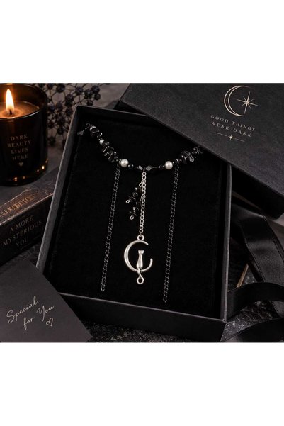 Generic Brand Women's Halloween Gothic Halloween Necklace with Cat Model in Black Color with Natural Stone