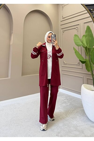 moda4b طقم رياضي نسائي من 3 قطع - طقم مكون من قطعتين بتصميم طويل مع جيوب بسحا...