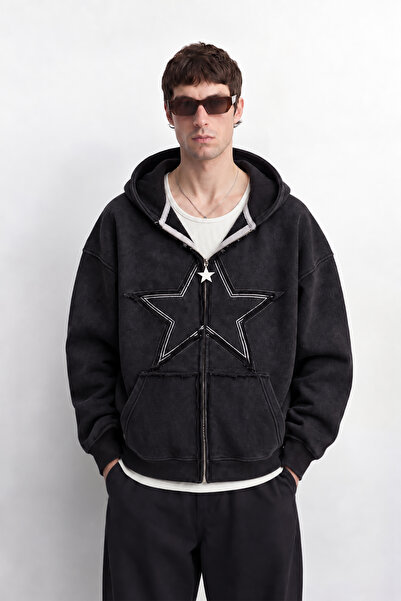 TWILIT Yıldız Nakışlı Yıkama Efekt Oversize Fermuarlı Hoodie Hırka Zip Sweats...