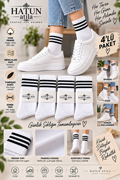 Hatun Atila Unisex Striped Cotton White Tennis Socks Set of 4 Economical Pack...
