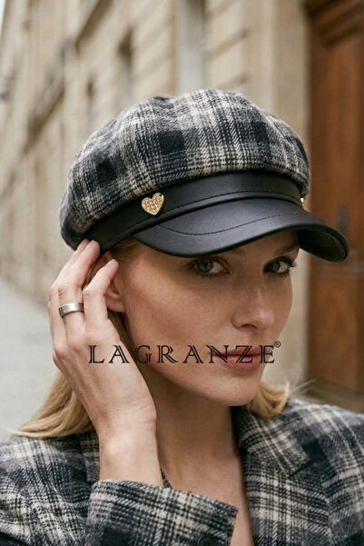 LAGRANZE Retro Plaid Fabric Women's Hat with Leather Detail