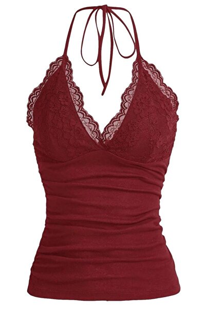 BALİNA Bordo Dantelli V Yaka Gothic Boyun Bağlamalı Full Body Crop