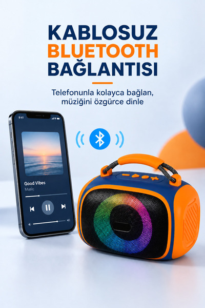 Omaze Taşınabilir Bluetooth Hoparlör RGB Işıklı Şarjlı Kablosuz Mini Ses Bombası Tutma Saplı Speaker