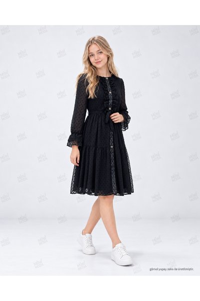 Minimoda Kids Ruffle Detailed Polka Dot Tulle Girls' Dress