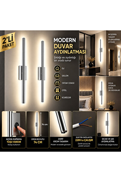 kialed 2’li Krom LED Duvar Aplik 74 cm Gün Işığı Açma Kapama Anahtarlı Modern...