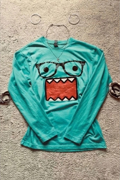 BALİNA Mavi Domo Kun Harajuku Y2K Uzun Kollu Crop