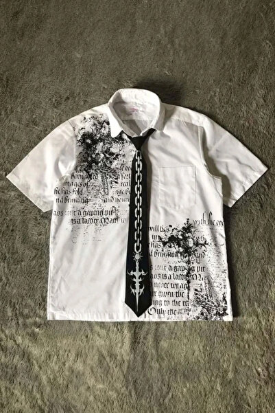 BALİNA Beyaz Skull Gotik Siyah Kravat Zincir Baskılı Grunge Y2K Unisex Gömlek