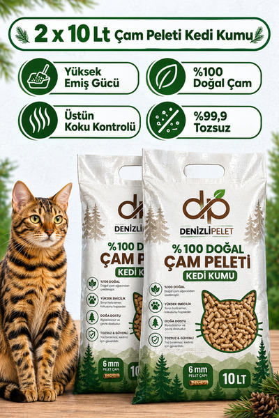 Denizli Pelet Çam Peleti Topaklanmayan Kedi Kumu 10 Lt X 2 Adet