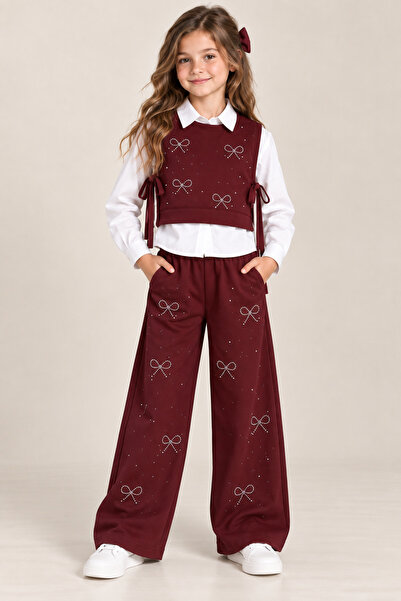 HELMİRA Girl's 3-Piece Set - Shirt, Sweater, and Stoned Wide-Leg Pants with P...