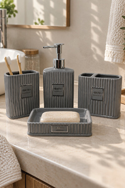 renkliürün 4 Parça Dekoratif Seramik Banyo Seti Gri-Silver Desenli D19217
