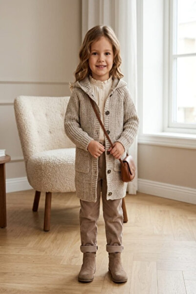 Meriç bebe Girl's Hooded Seamless Long Buttoned Knitwear Cardigan with Pockets