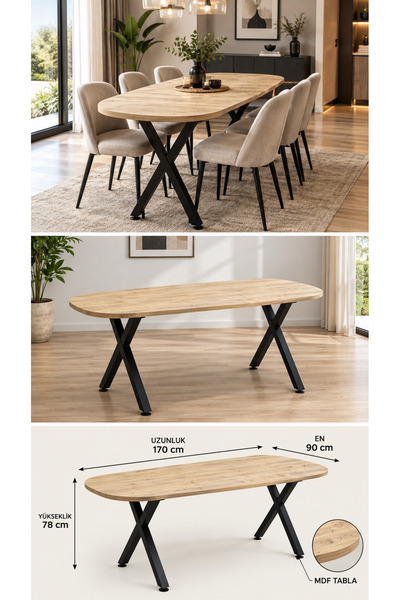 Genel Markalar YEMEK MASASI, SALON YEMEK MASASI, ATLANTİK ÇAM MDF 90X170 (SAD...