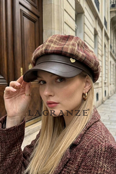 LAGRANZE Retro Plaid Fabric Women's Hat with Leather Detail