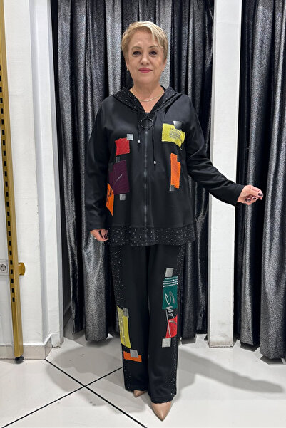 Büyük Beden Modern Patchwork Detaylı Kapüşonlu Takım