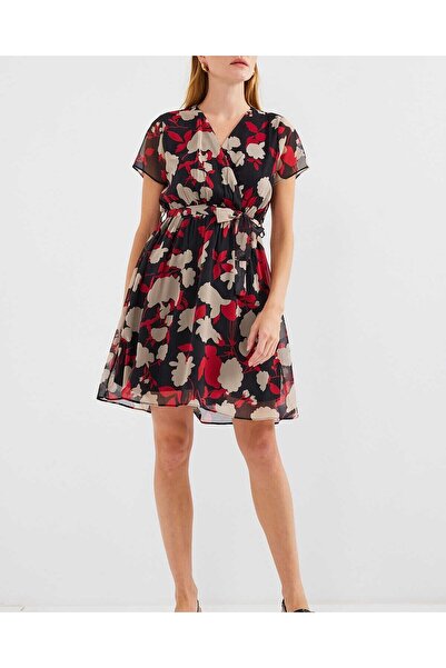 Modamorfo 2502 Short Sleeve Patterned Chiffon Dress - Burgundy